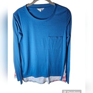 Meaveor women's blue/cream floral long-sleeved high-low hemm top size M